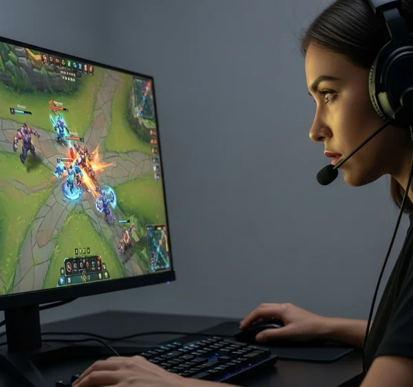 Gamer concentrado intensamente en una partida de juegos competitivos