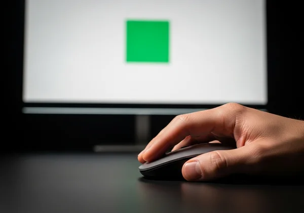 User's hand ready to click a reaction time test on screen.