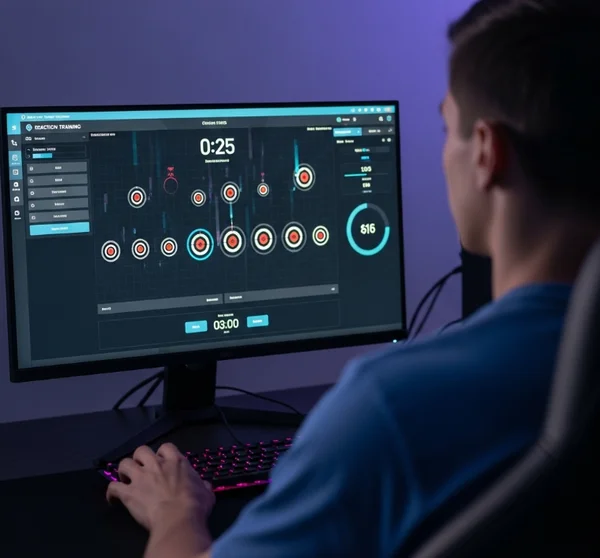 Gamer using an aim trainer software to improve reflexes