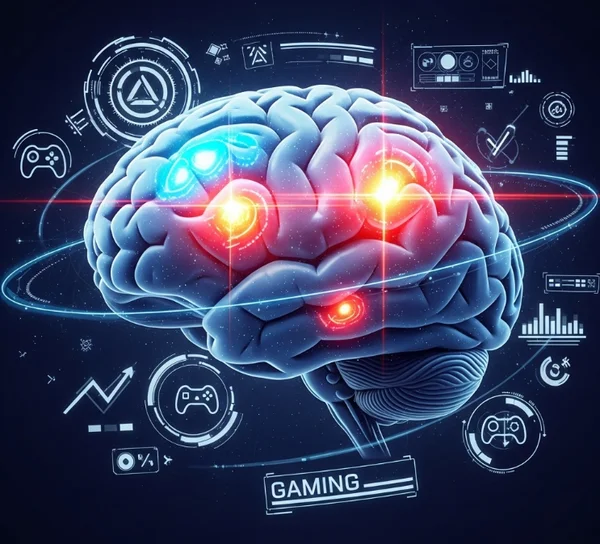 Conceptual image of a brain with focused light for gaming.
