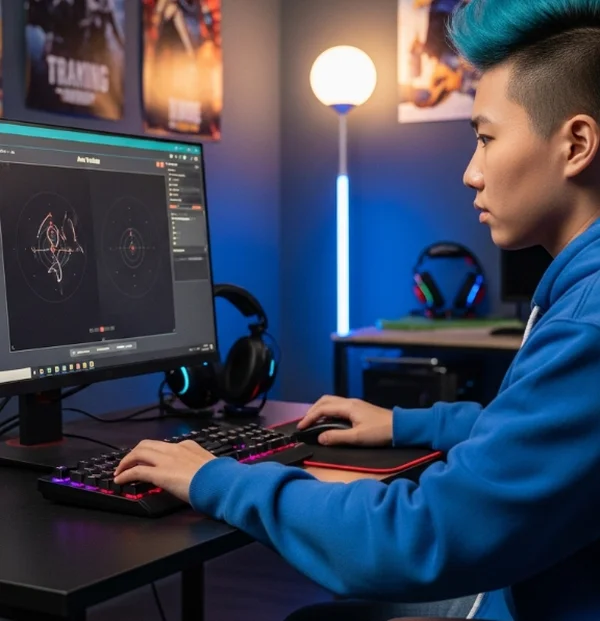 Gamer using an aim trainer software for reflex practice.