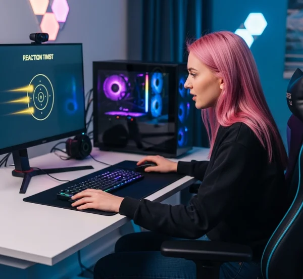 Gamer performing a reaction time test on a computer.
