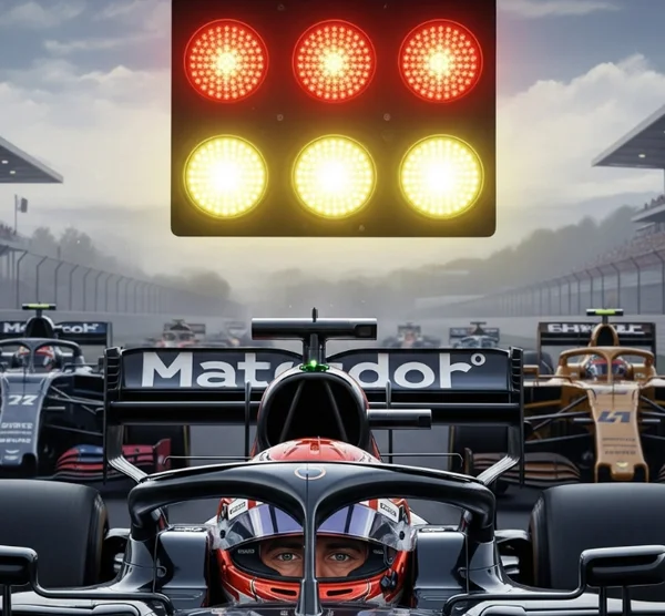 F1 driver at the start of a race, reacting to lights.