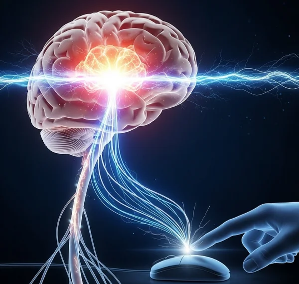 Brain sending signal to hand for a click test