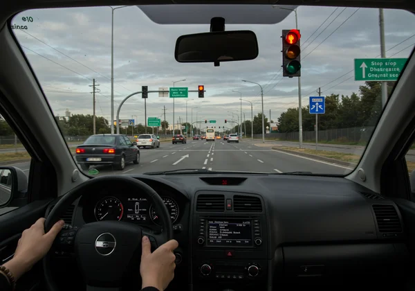 Car approaching traffic light, showing decision-making.
