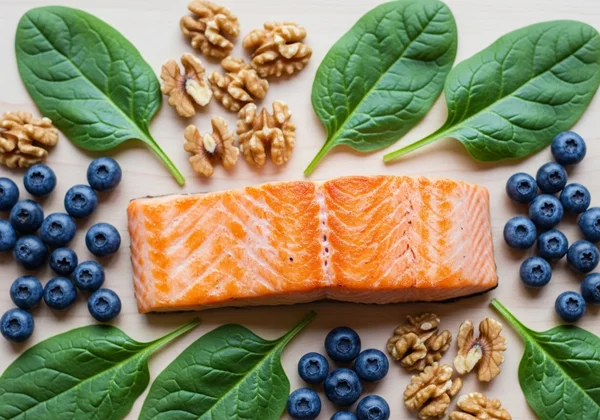Assortment of brain-healthy foods: berries, nuts, greens.
