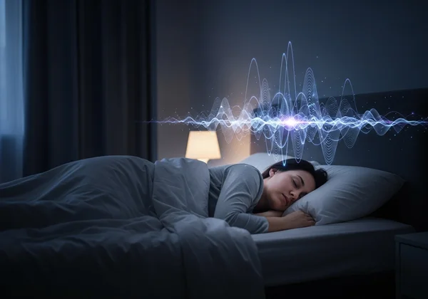 Person sleeping with enhanced brain activity lines.