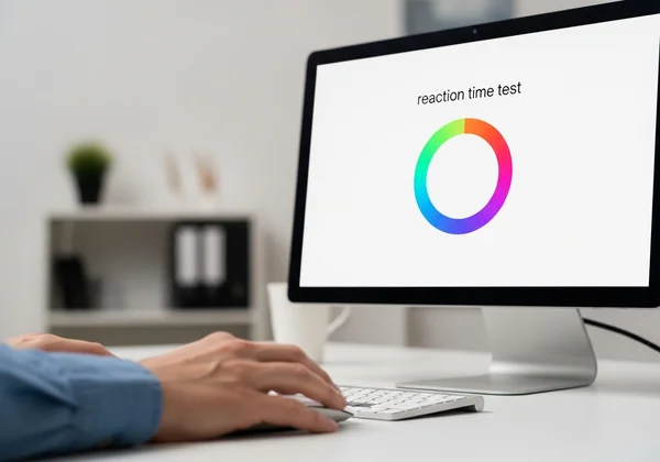 Person's hand on a mouse, reaction time test on screen.