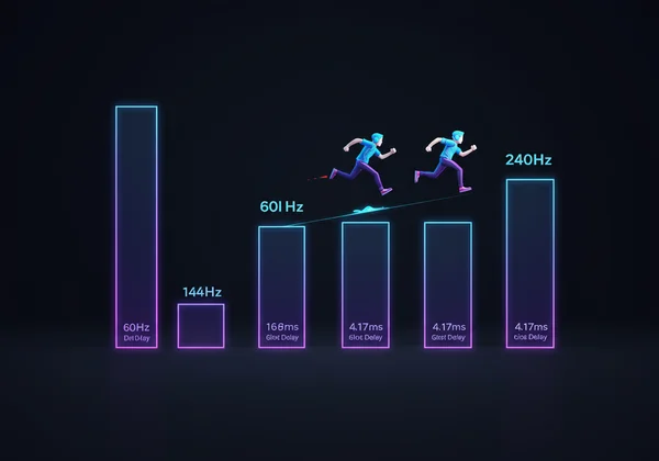 Infographic comparing 60Hz, 144Hz, and 240Hz monitor delay.