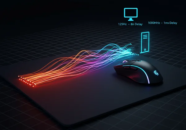 Gaming mouse with data streams showing high polling rate.