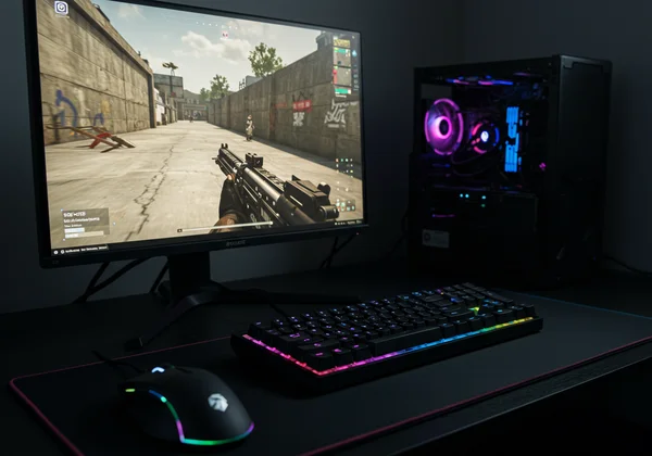 Optimized gaming setup with high refresh monitor, mouse, keyboard