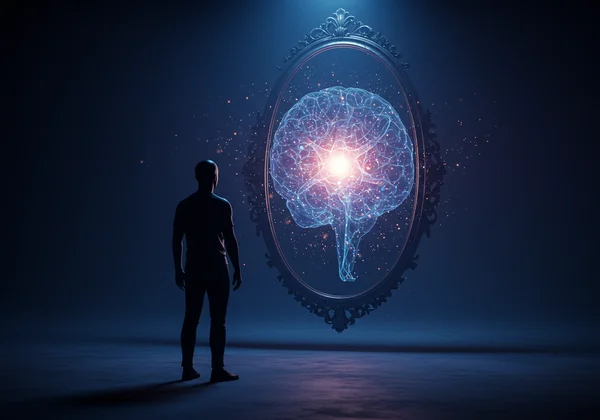 A person sitting at a desk, thoughtfully looking at a screen, symbolizing self-reflection and discovery.